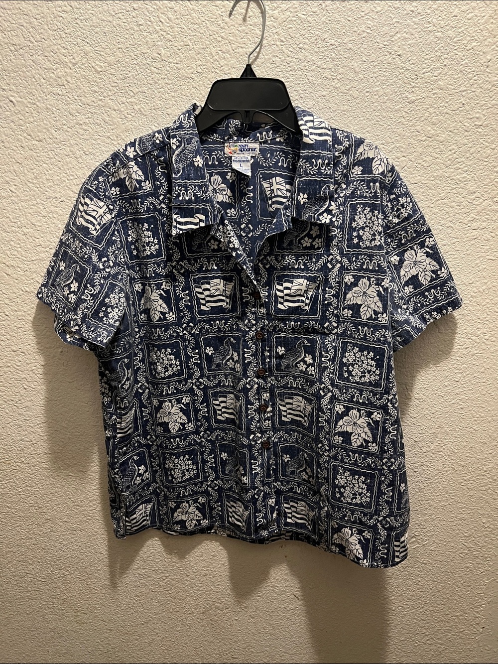reyn spooner Navy & White Tropical Patchwork Camp Shirt